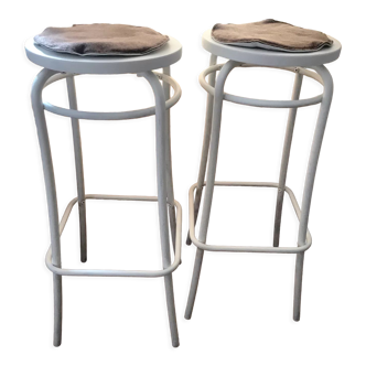 2 Bar stools wood and metal white felt and linen