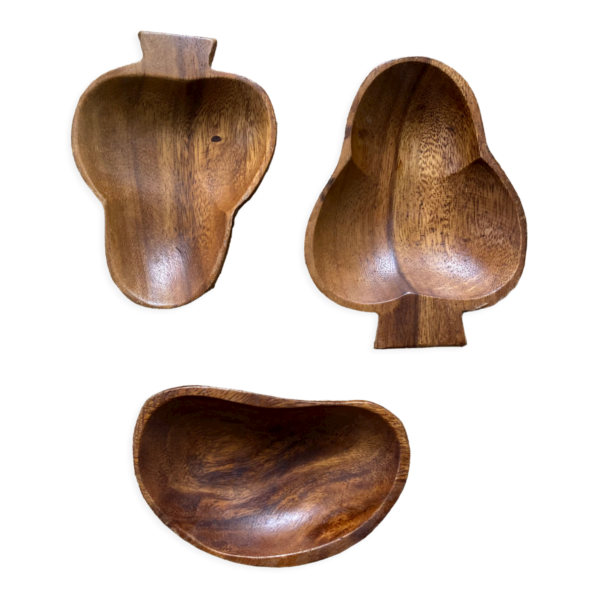 Trio of exotic wooden cups in the shape of beans and vintage clovers