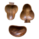 Trio of exotic wooden cups in the shape of beans and vintage clovers