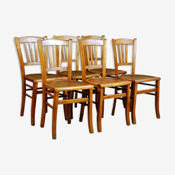 Lot 6 chaises bistrot fond bois coquille des années 40