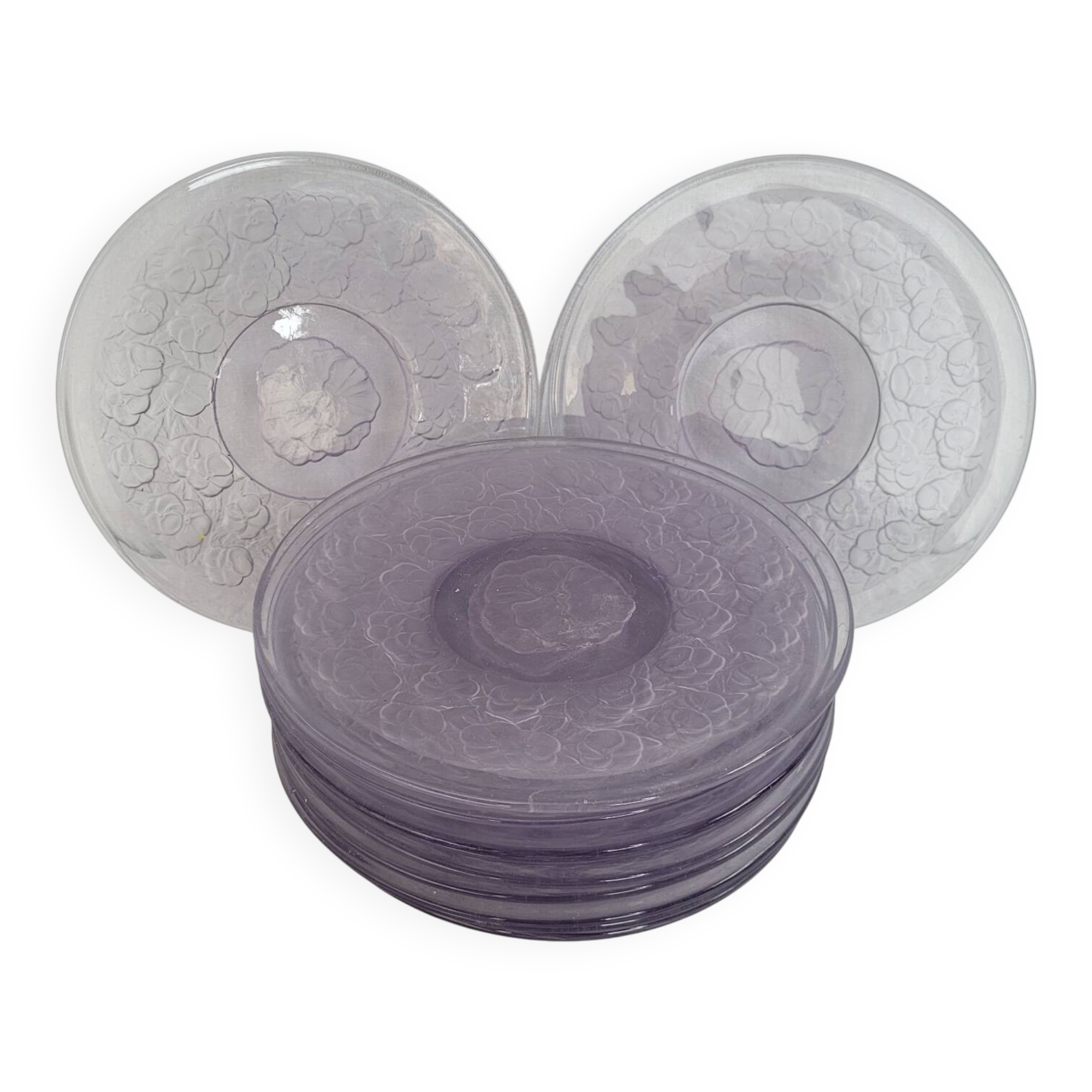 Moulded glass dessert plates – floral pattern – 1930s–1950s