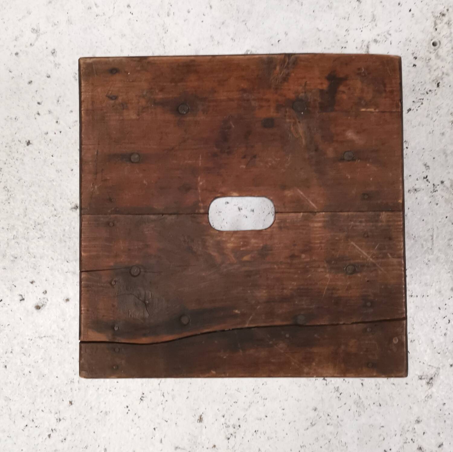 Brutalist old solid oak stool