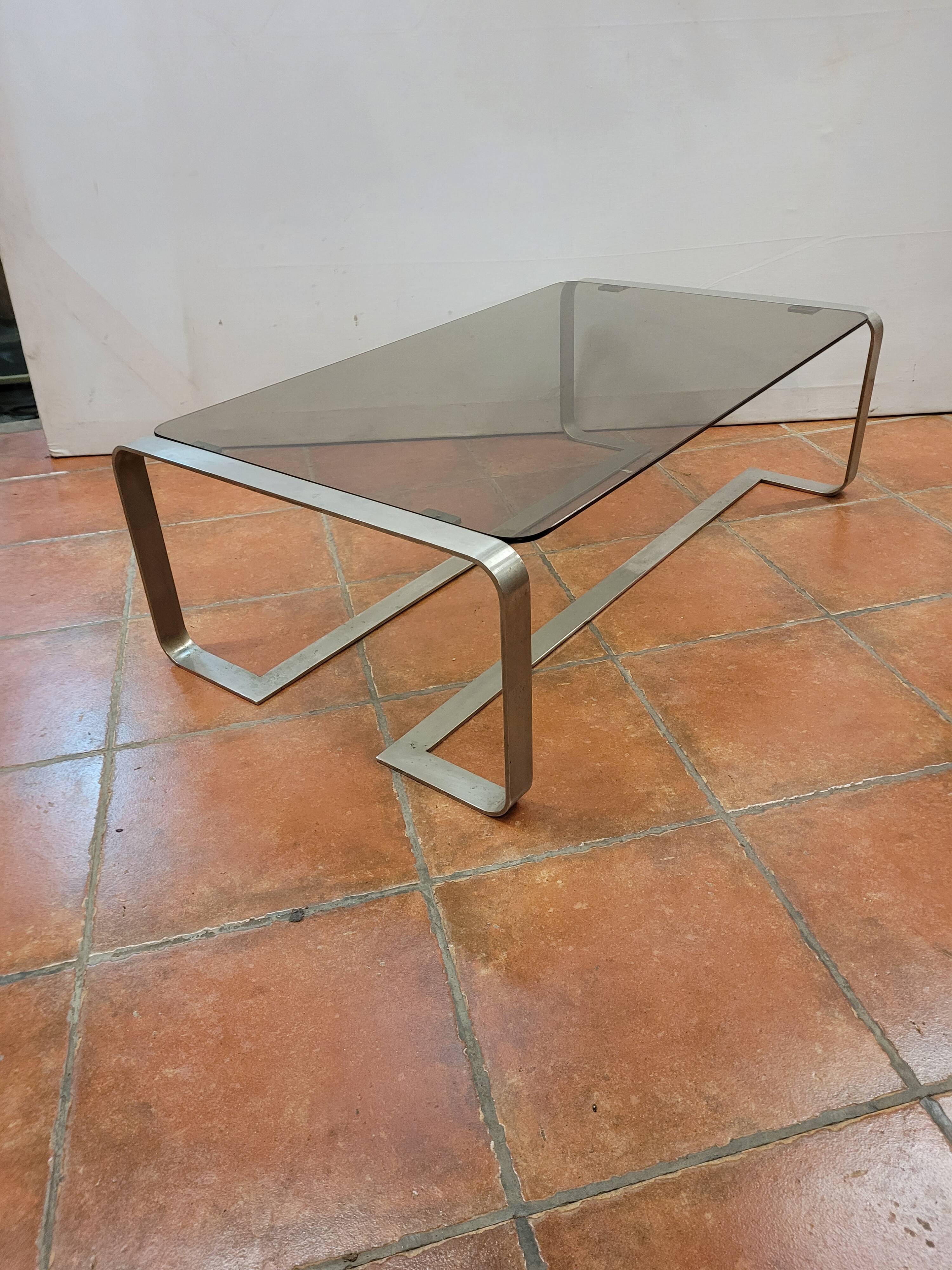 Coffee table with stainless steel base and smoked glass, from the 70s