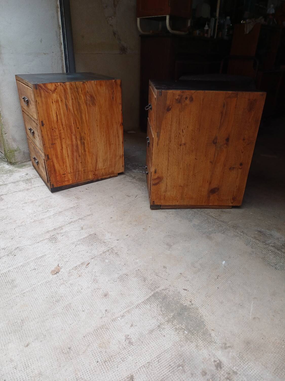 Pair of workshop furniture, solid wood, metal top 1930, 1950