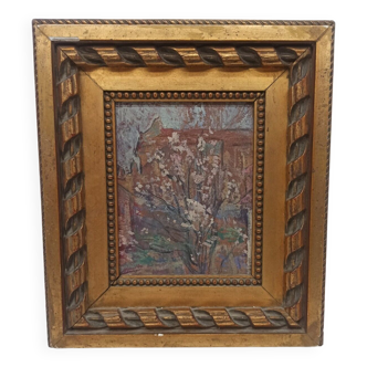 Oil painting on cardboard antique impressionist landscape frame
