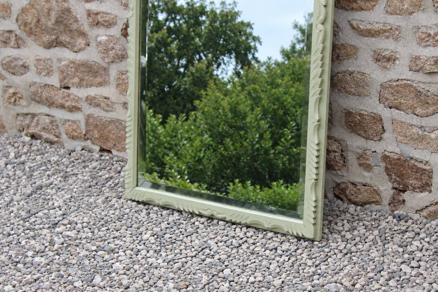 Large antique bevelled mirror in carved solid wood, green lizard – 129 × 75