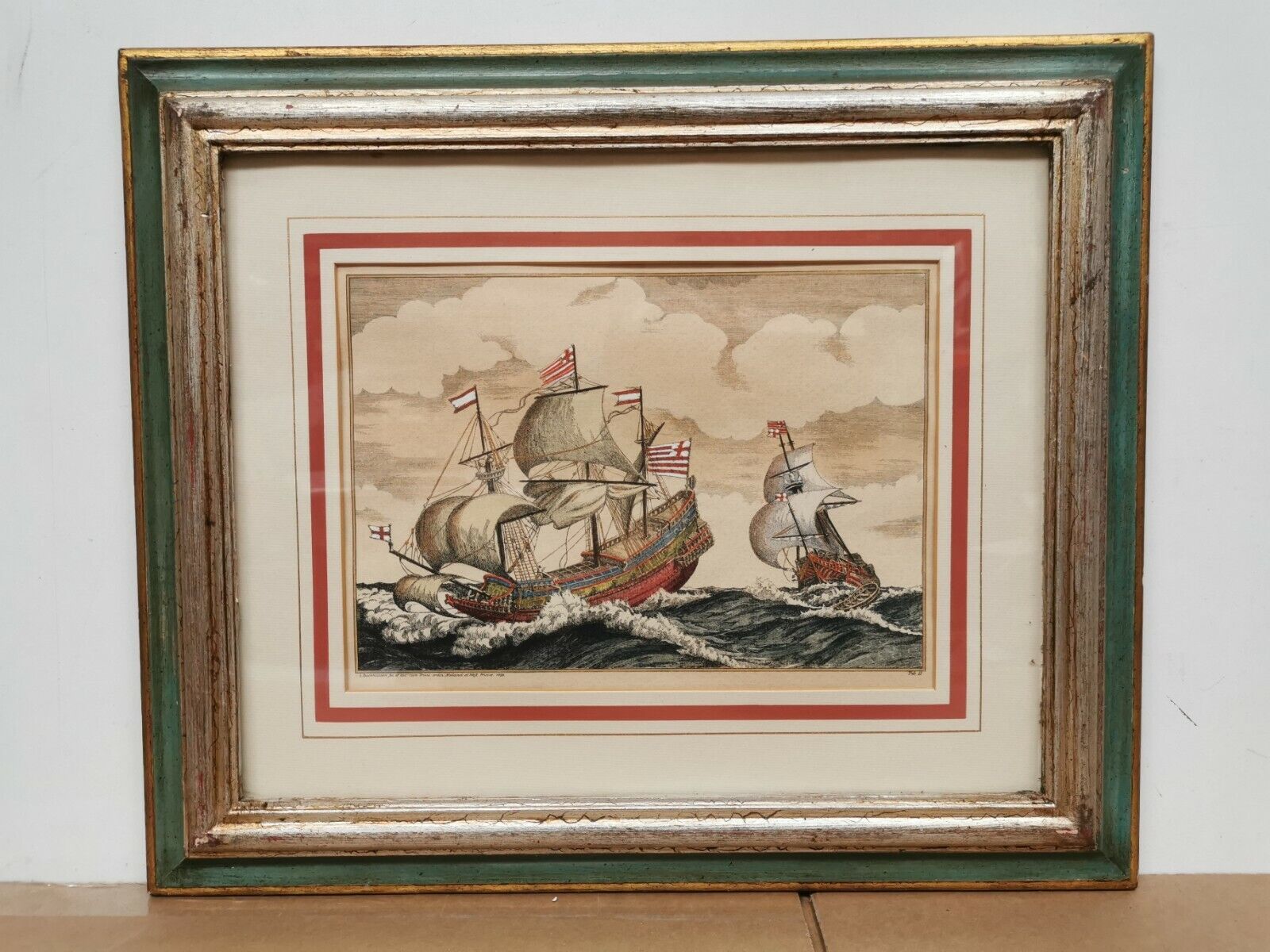 Beautiful setting marine boats ships galions, litho. holland 1672