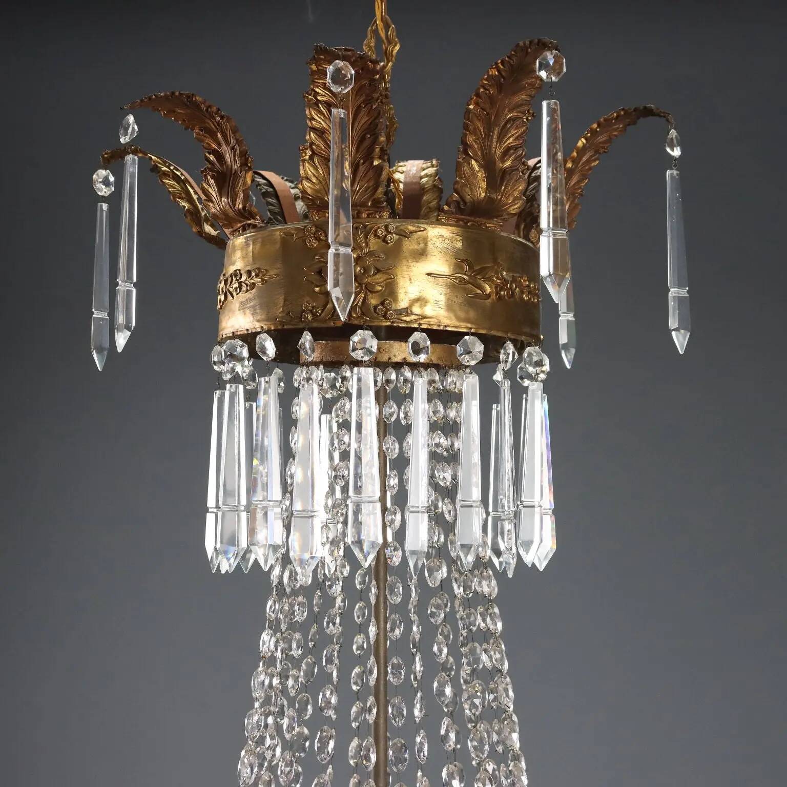 Lustre ancien en forme de ballon en métal doré et verre, XIXe siècle