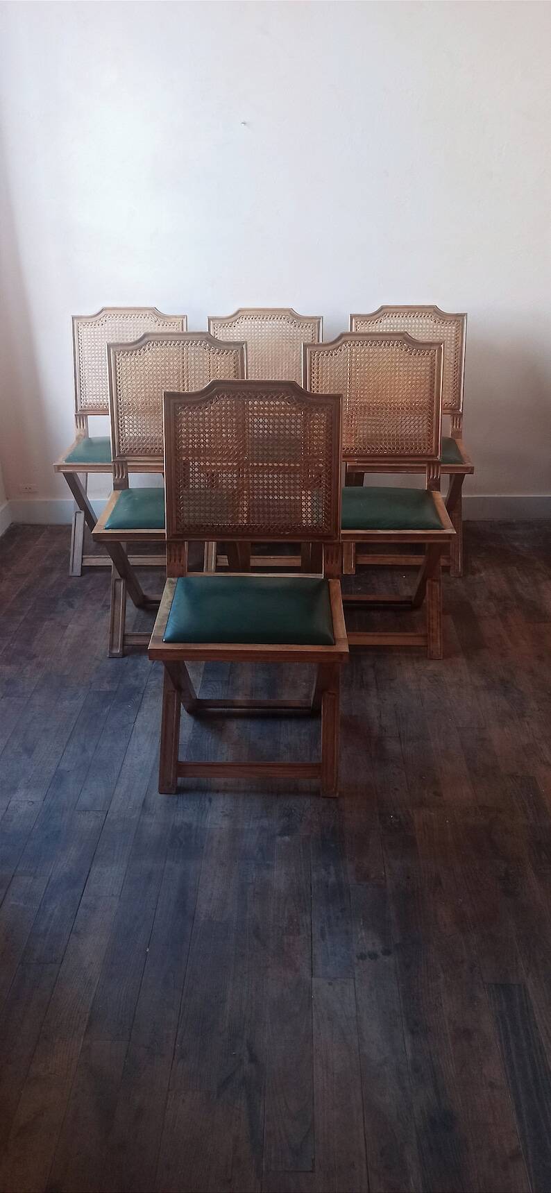 Lot De 6 Chaises De Salle à Manger Art Déco - Bois Massif Bleu - Velours Côtelé - Rénovées