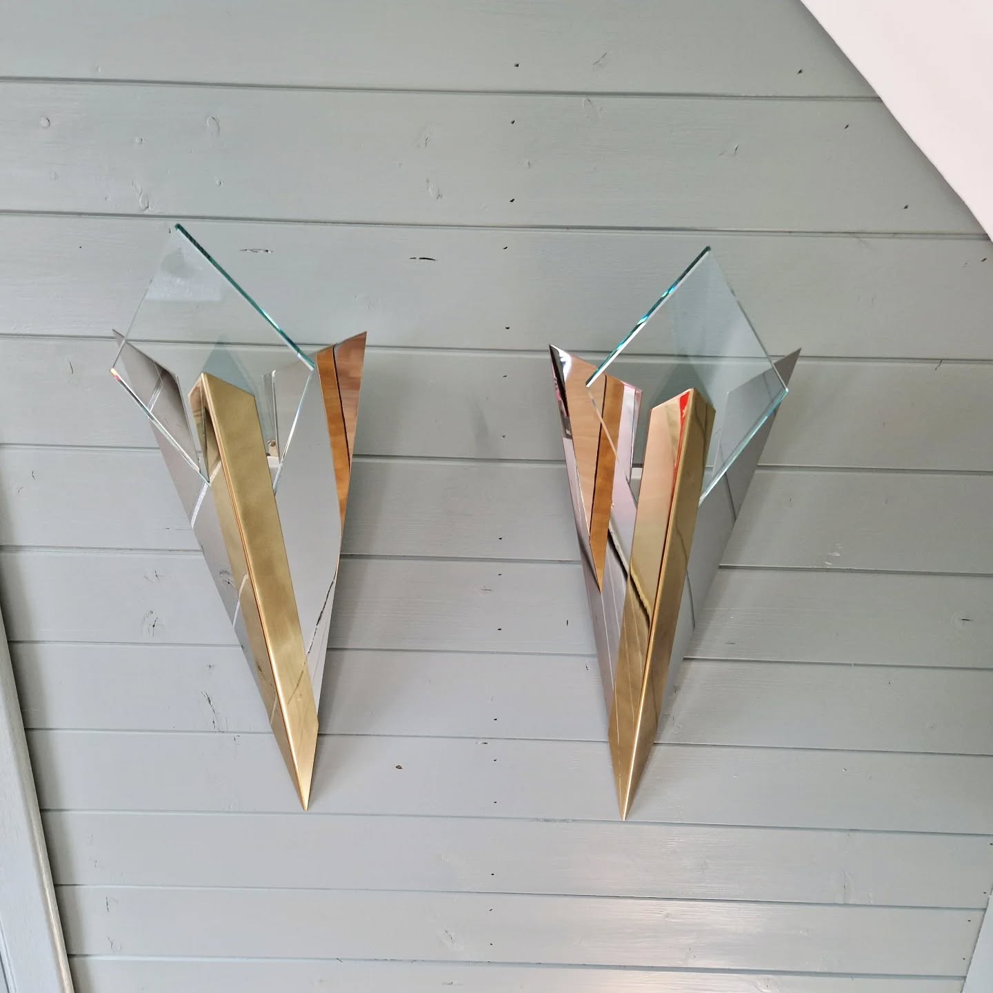 Large pair of triangular wall sconces, J.T. Kalmar, 1970-80.