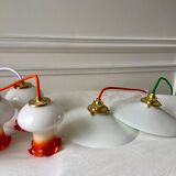 Ensemble de 4 suspensions tulipes en opaline orange dégradé fil orange et blanc années 70