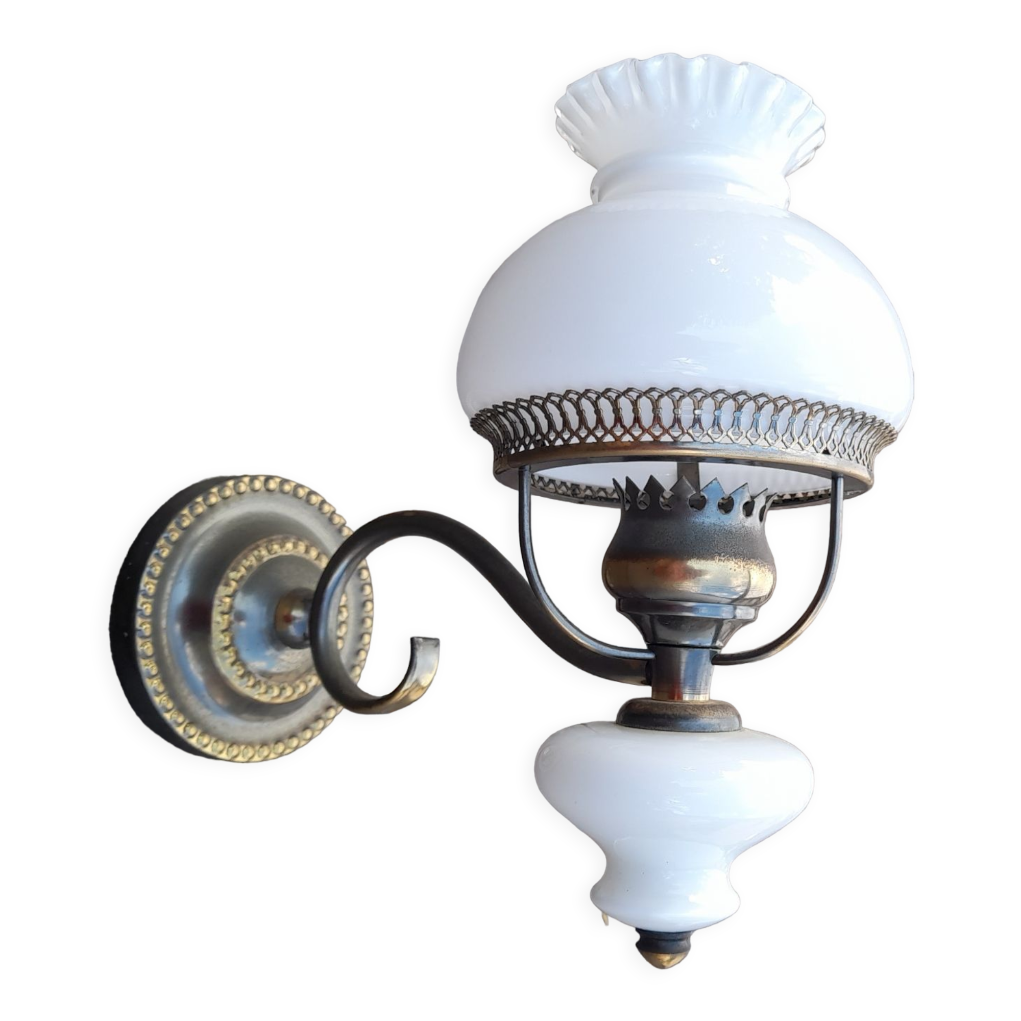 White opaline wall lamp metal, vintage 1960