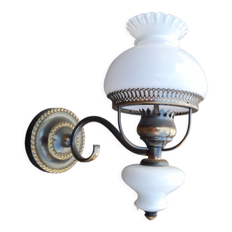 White opaline wall lamp metal, vintage 1960