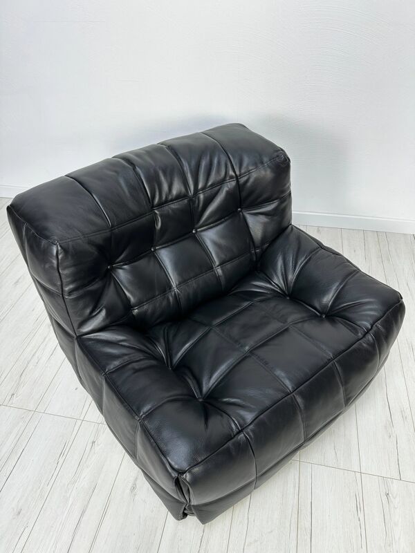 Fauteuil en cuir vintage des années 80 Kashima 1 place + ottoman par Michel Ducaroy pour Ligne Roset