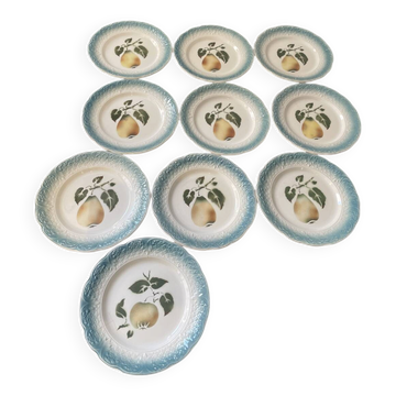 10 dessert plates Barbotine Clairefontaine with pears and quince designs.