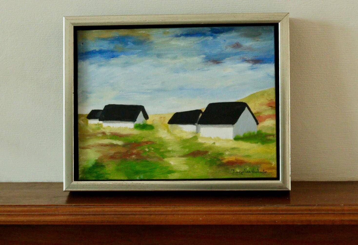 Original Swedish oil on canvas from the mid-century "Houses" - Vintage and framed