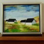 Original Swedish oil on canvas from the mid-century "Houses" - Vintage and framed