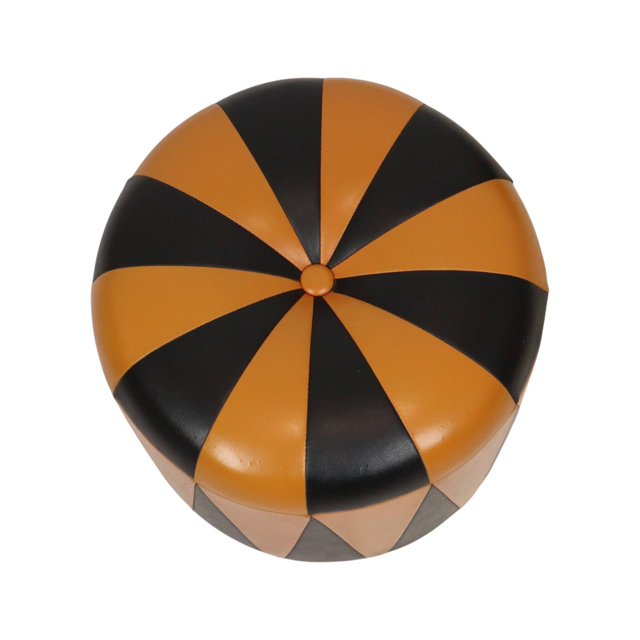 Round Vintage Pouf, Orange and Black Faux Leather (Skai), 1960s