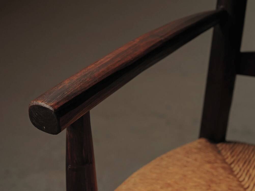 Pair of solid wood and straw armchairs, France, circa 1950.