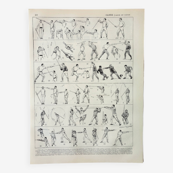Gravure ancienne 1898, Sport de combat : bâton, escrime • Lithographie, Planche originale