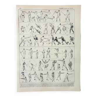 Gravure ancienne 1898, Sport de combat : bâton, escrime • Lithographie, Planche originale