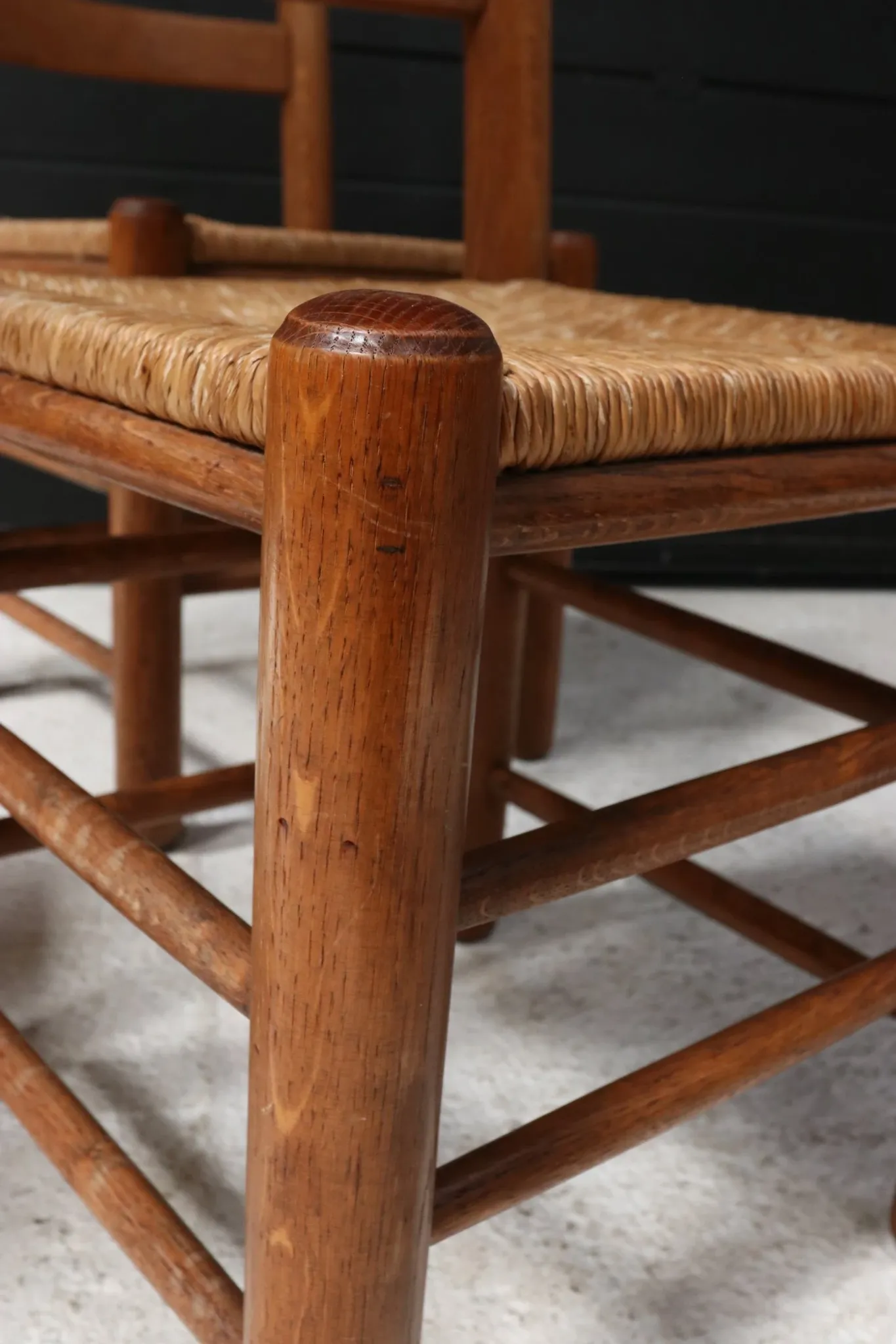 Set of four French ladderback chairs with rush seats – circa 1960
