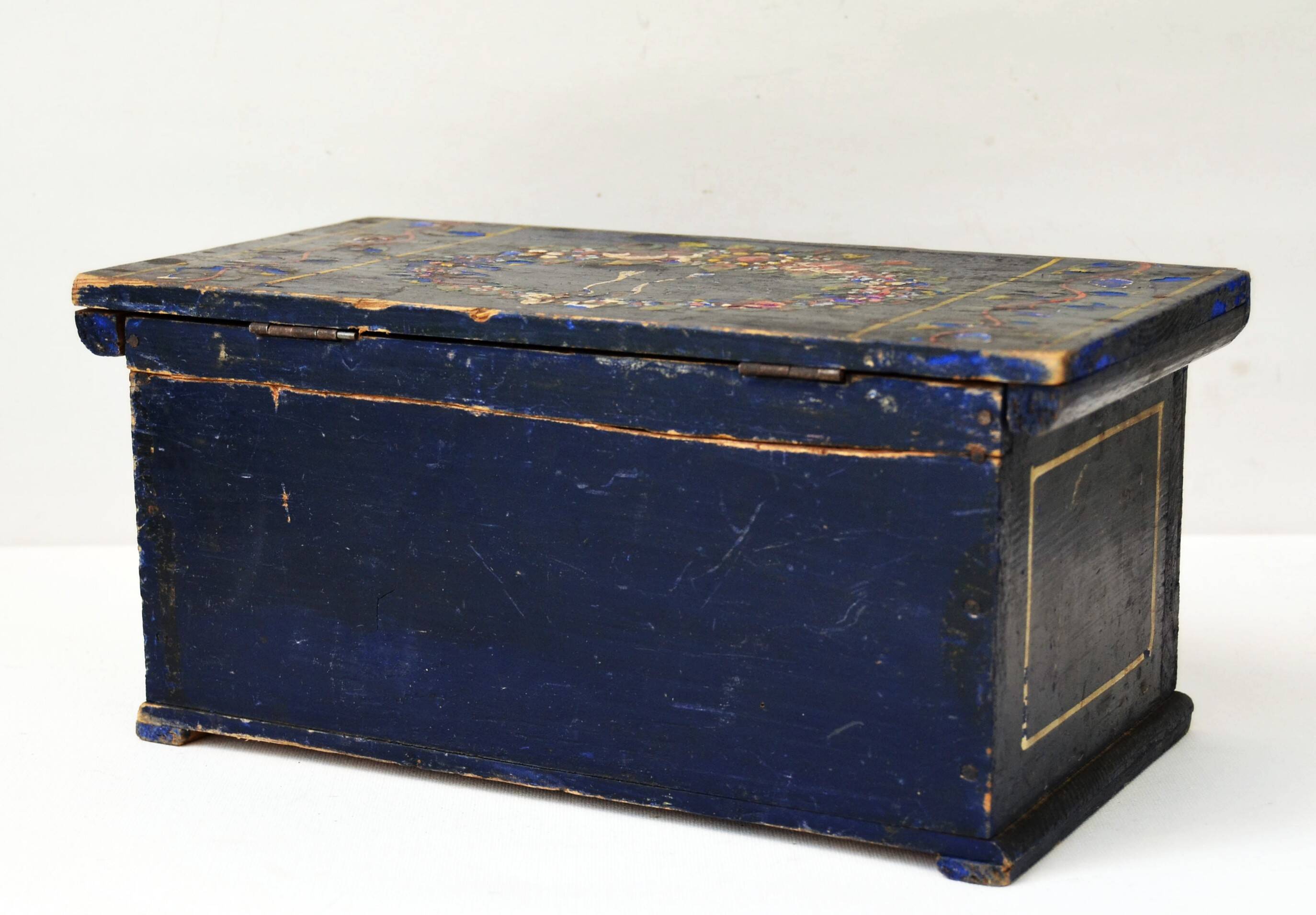 Coffret en bois peint à la main, art populaire antique, mariée, fin du 19e siècle
