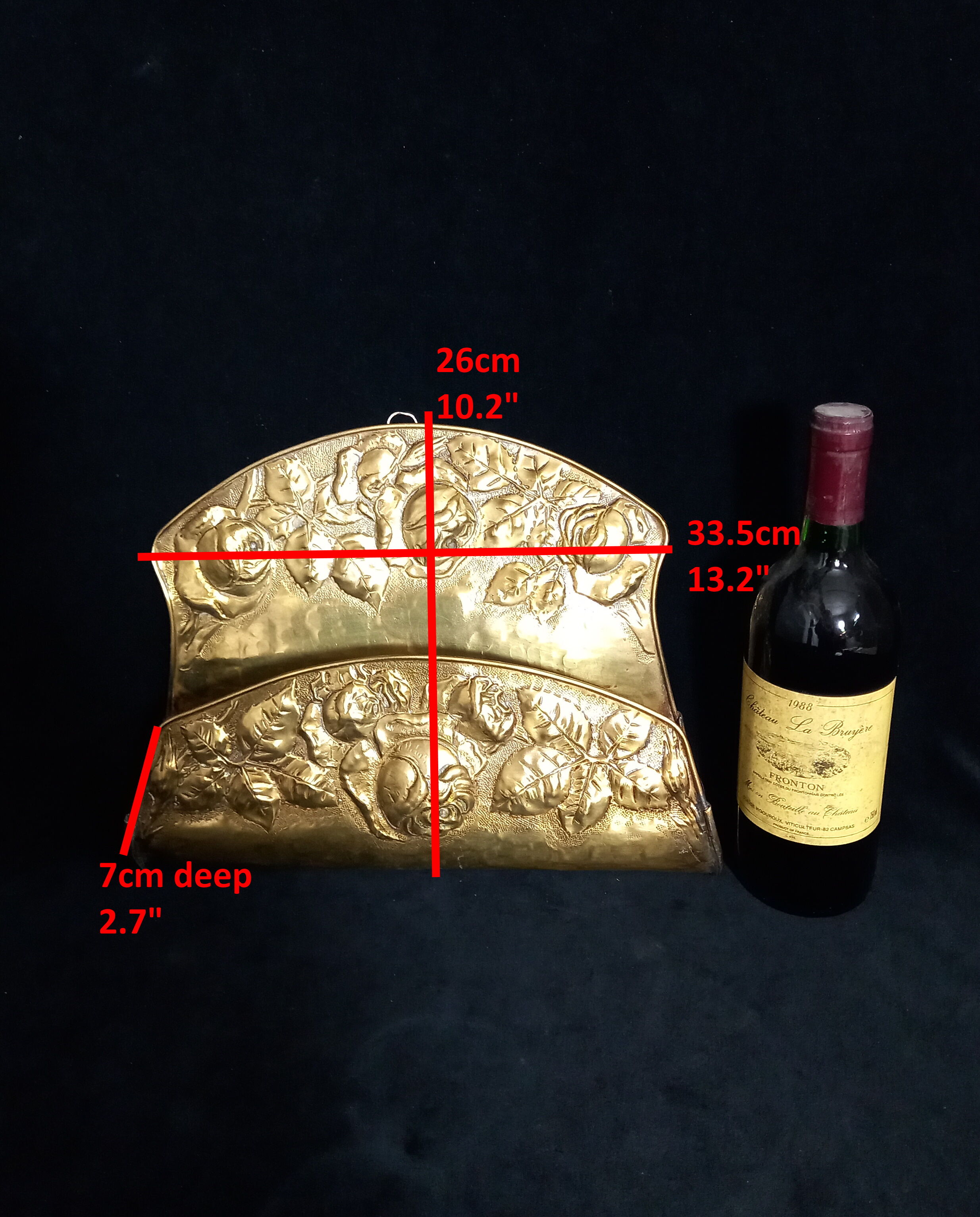 Art nouveau brass wall magazine rack with rose decoration