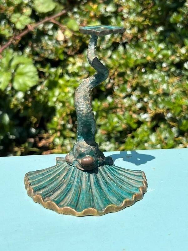 Antique candlestick base – stylised marine fish in patinated bronze