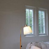 Mid-century brown leather and brass floor lamp, Falkenbergs Belysning, Sweden, 1960s.