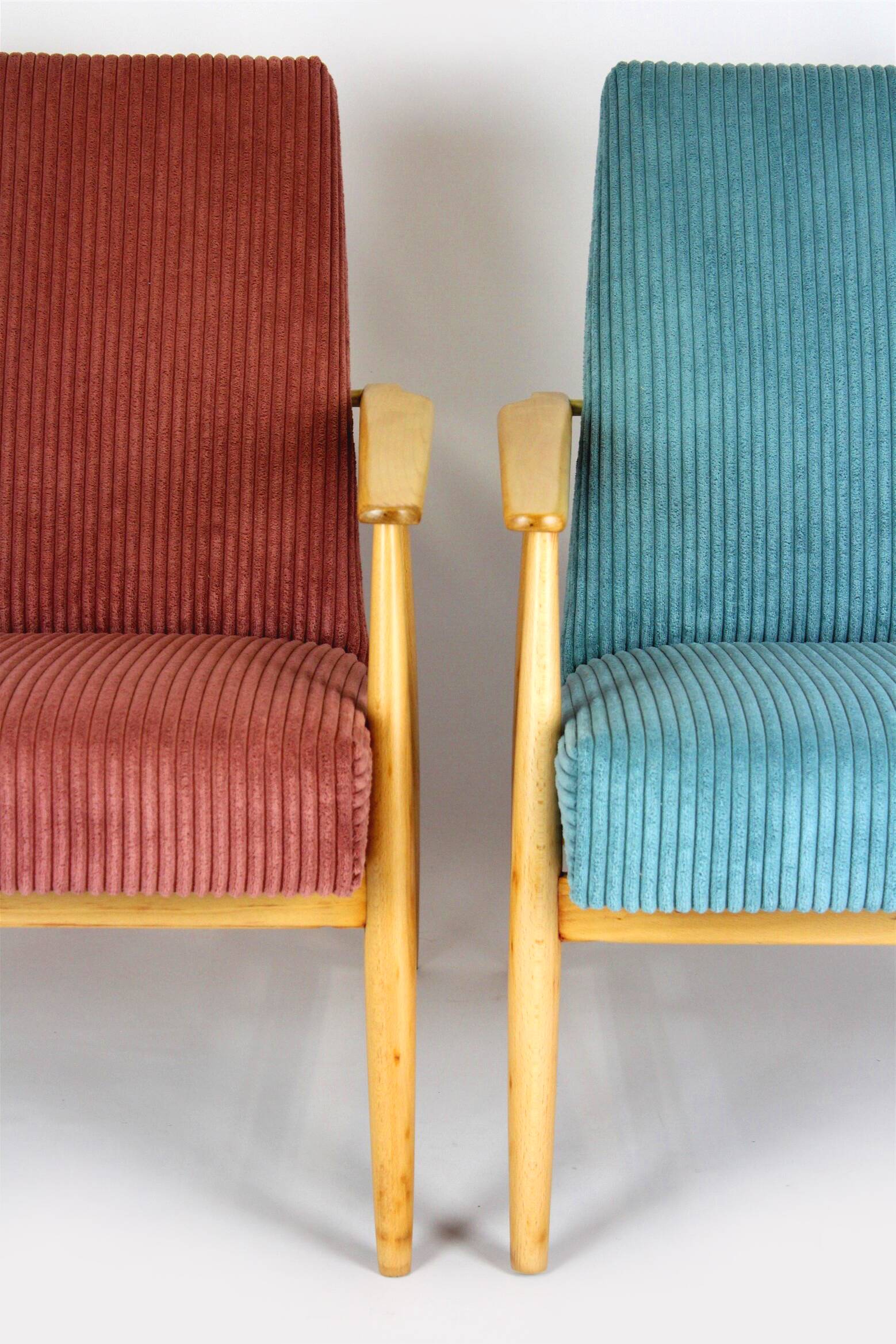 Restored Mid-Century Pink & Turquoise Beech Armchairs, 1960s, Set of 2