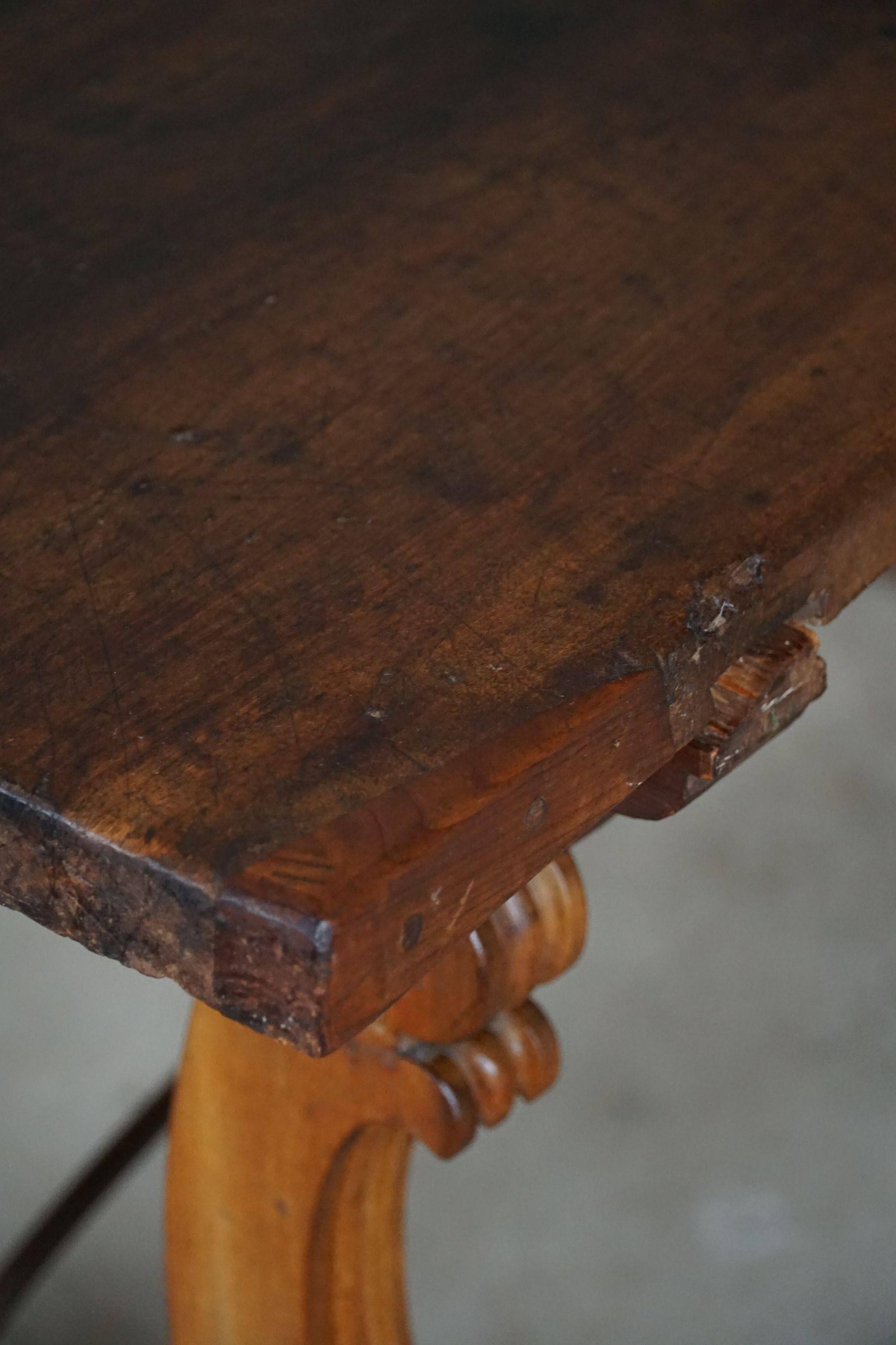 Brutalist table in antique Spanish solid oak and wrought iron, 19th century.