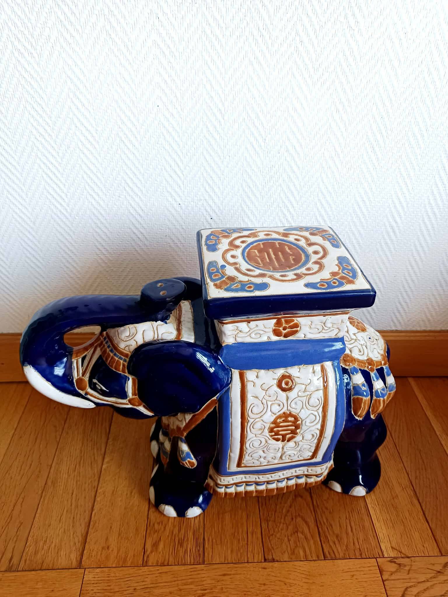 Stool or elephant plant stand in blue ceramic