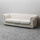 3-seater vintage Chesterfield sofa in white leather, 1970s modernist