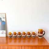 set of carafe and 6 cups in amber glass with wicker from the 70s