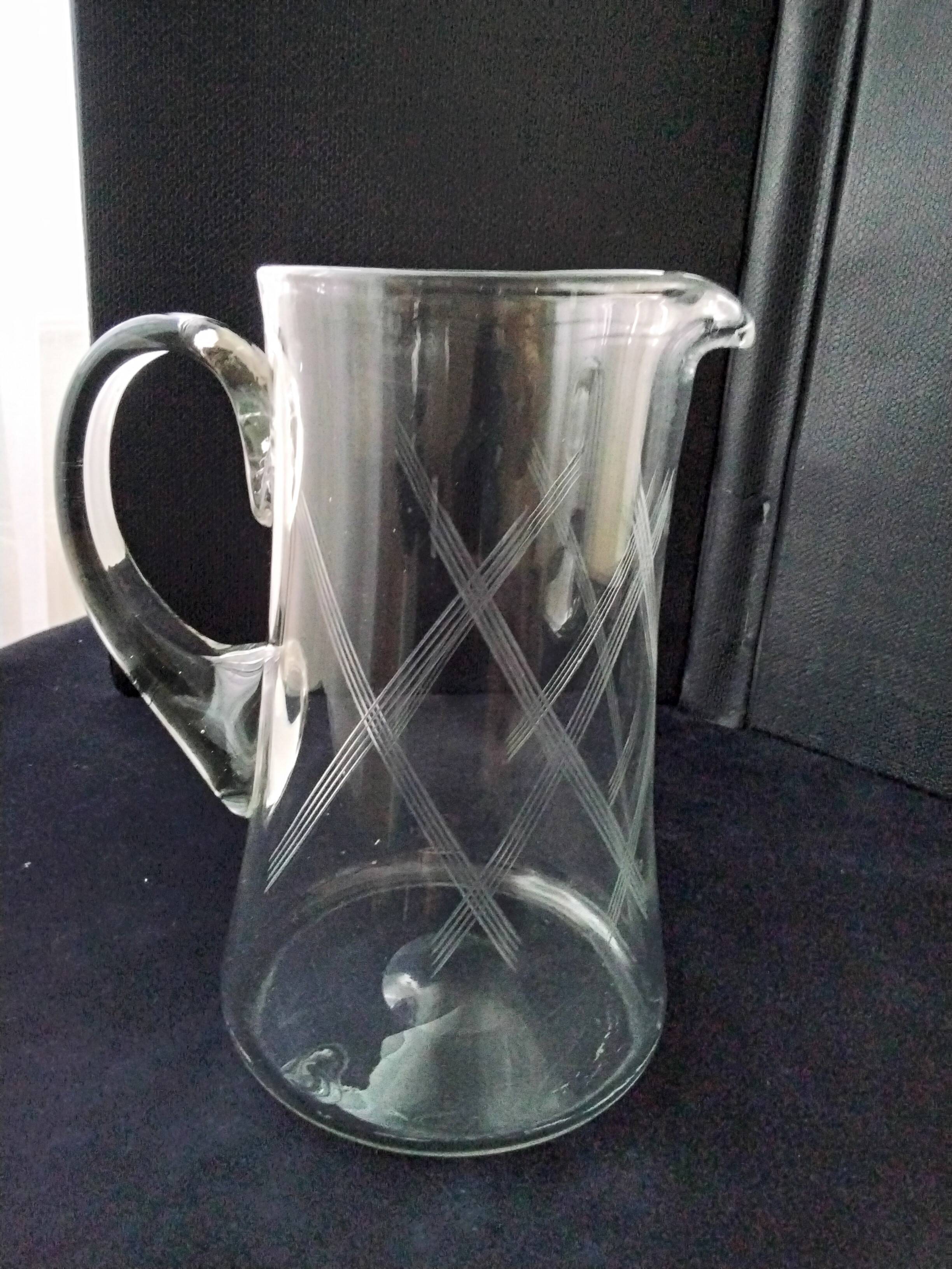 Water carafe, blown glass jug, engraved cross-hatched decoration