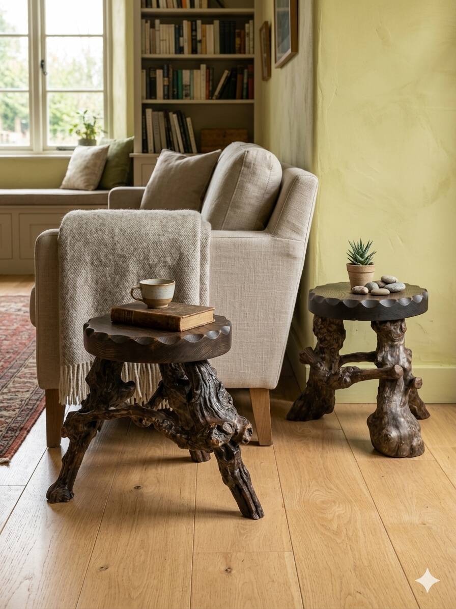 Pair of tripod stools with vine legs, oak top.