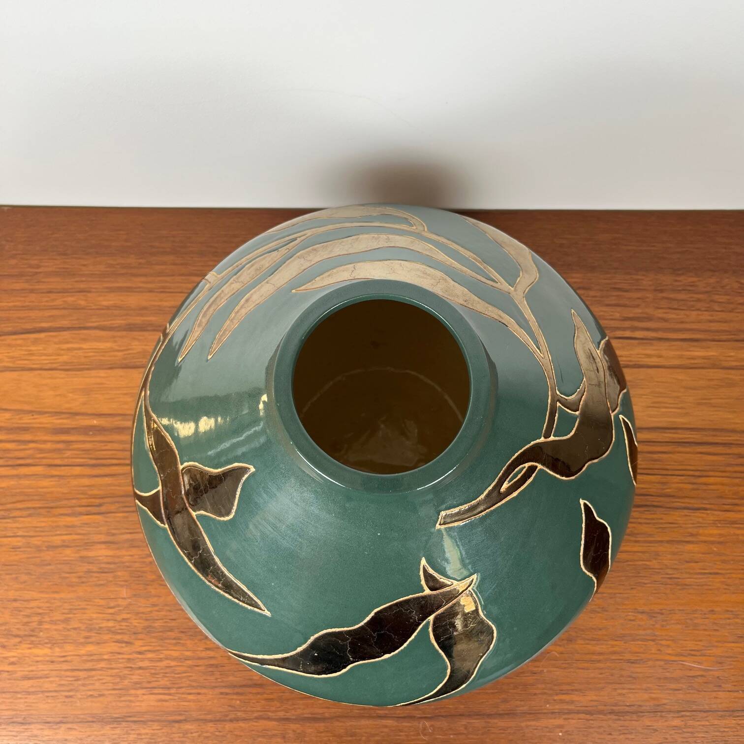 Vintage green & gold glazed ceramic vase