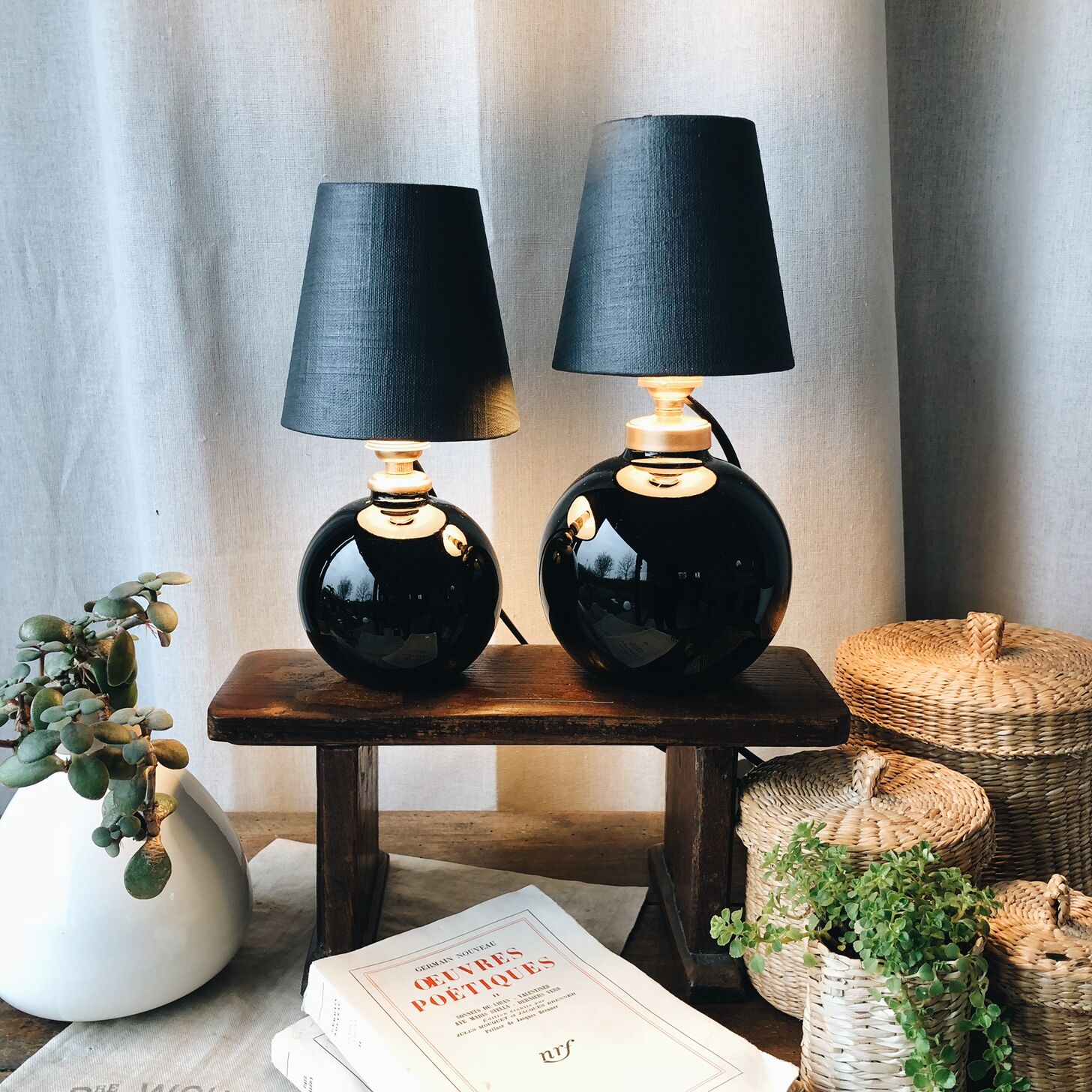 Duo of lamps in black opaline art deco