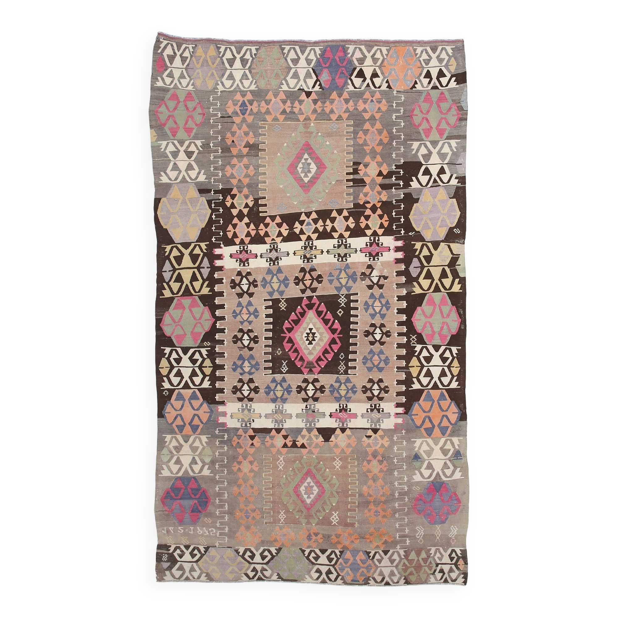 5x10 Long Wide Brown & Pink Tribal Vintage Kilim Rug, 163x298Cm