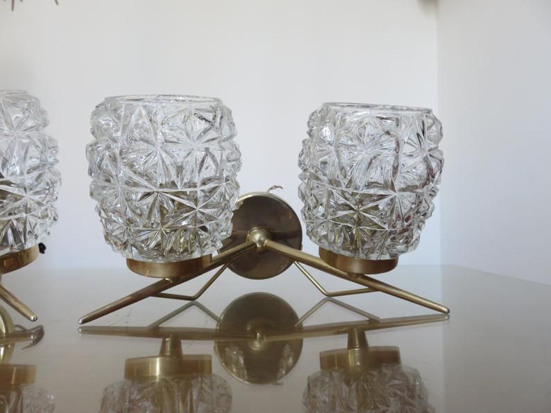 Pair of double appliques "Pierre Disderot" in brass and glass 50 60 years