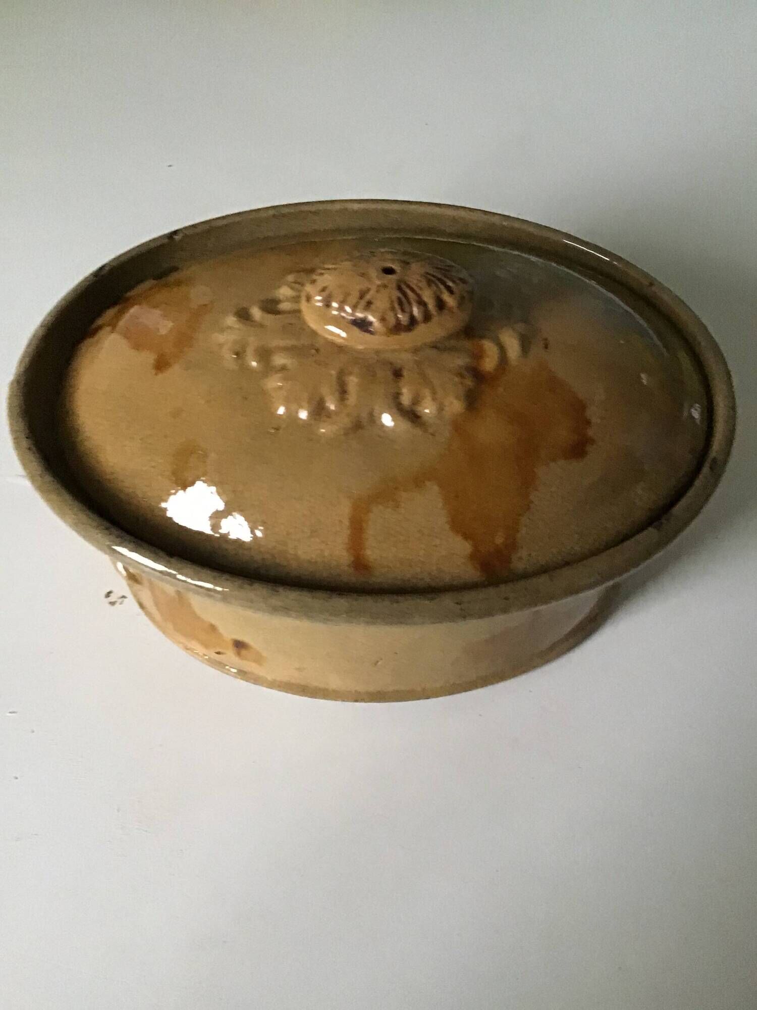 Old terrine of pastry or foie gras in beige glazed earthenware with brown drips. Very beautiful pa