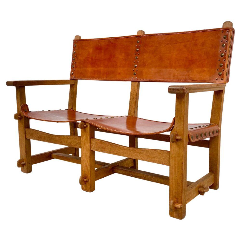 Vintage French Handmade Castle Bench in Oak and Cognac Leather, 1960s.
