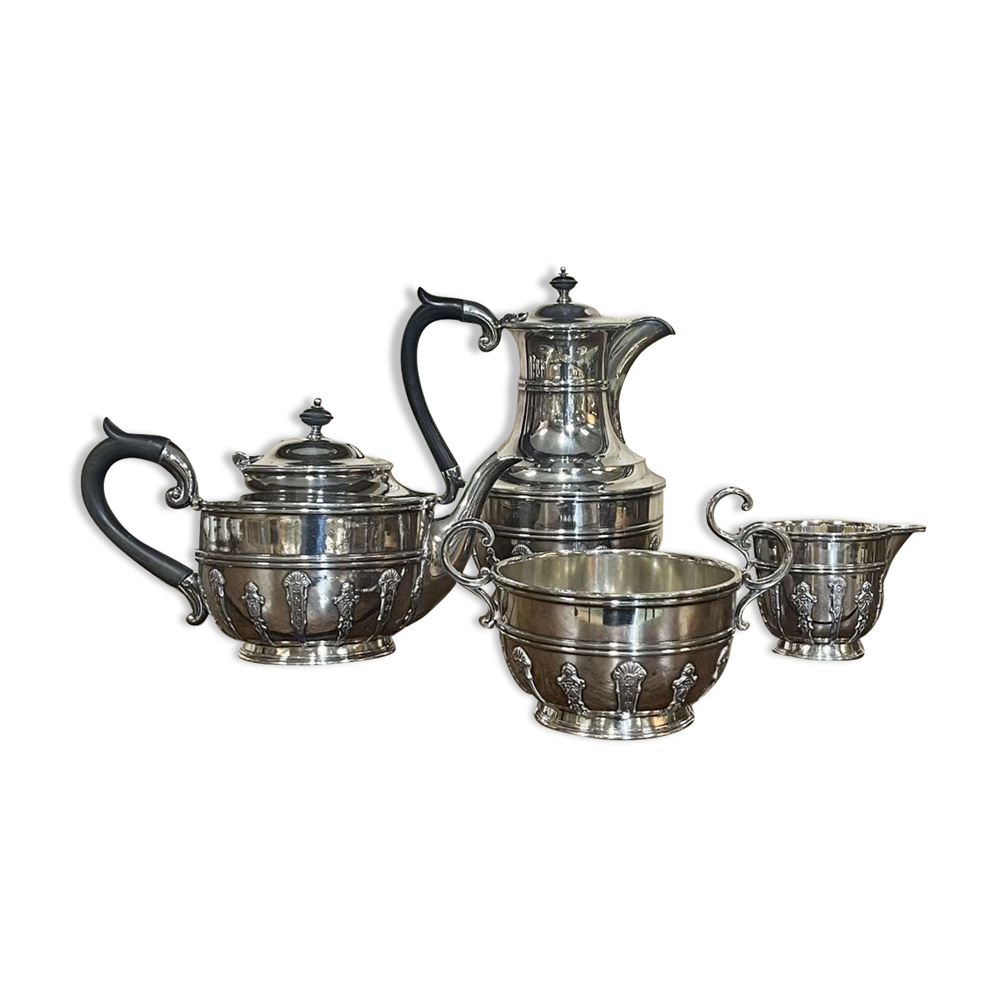 English tea and coffee set in silver metal early twentieth century with sugar bowl and milk pot