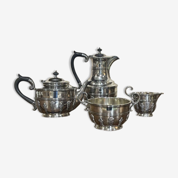 English tea and coffee set in silver metal early twentieth century with sugar bowl and milk pot