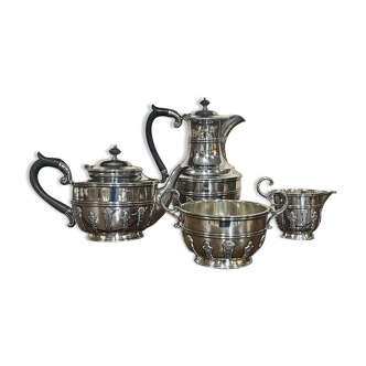 English tea and coffee set in silver metal early twentieth century with sugar bowl and milk pot