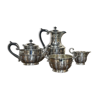 Service à thé et café anglais en métal argenté début XXème avec sucrier et pot à lait