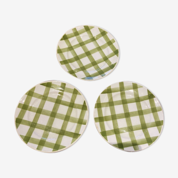 Set of 3 flat plates cloth cloth green vintage Moulin des Loups