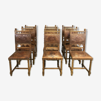Suite de 9 chaises Henry II en noyer et cuir - années 1900