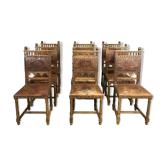 Suite of 9 Henry II chairs in walnut and leather - 1900s